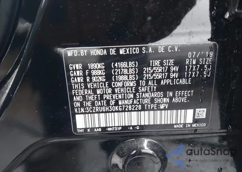 2019 Honda Hr-V Lx z USA, uszkodzony, nr VIN 3CZRU6H30KG728228